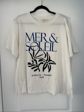 H&M White Graphic Tee with Navy and Black Print